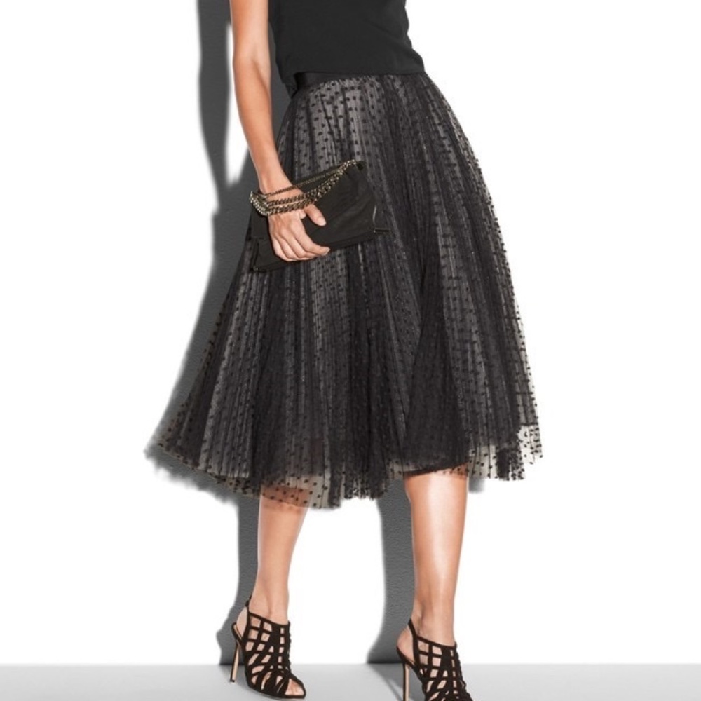 Milly Tulle Pleated Full Midi Skirt with Polka Dots Black Size 6